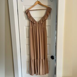 Caution to The Wind Tan Ruffle Maxi Sundress